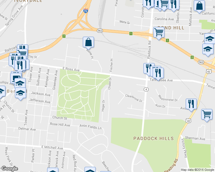 map of restaurants, bars, coffee shops, grocery stores, and more near 5011 Chalet Drive in Cincinnati