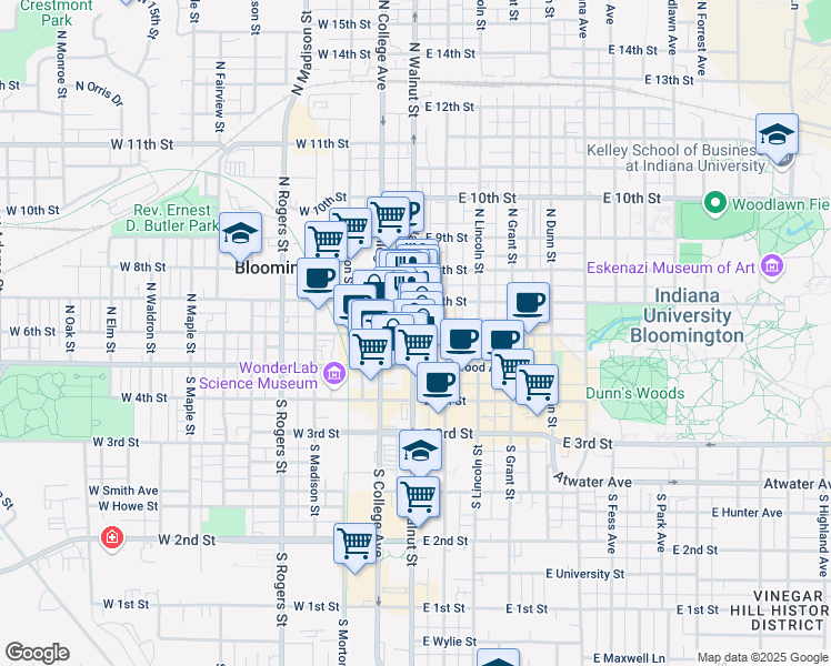 map of restaurants, bars, coffee shops, grocery stores, and more near 210 North Walnut Street in Bloomington
