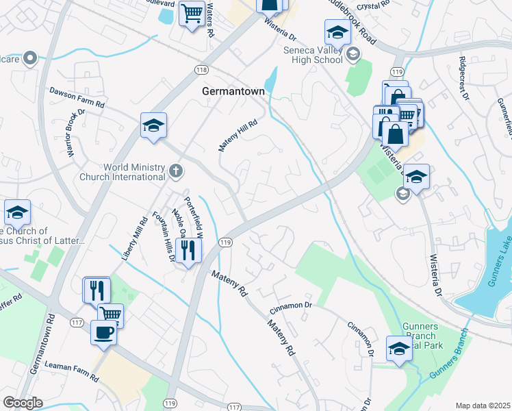 map of restaurants, bars, coffee shops, grocery stores, and more near 19027 Cherry Bend Drive in Germantown