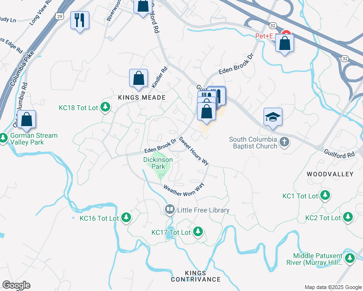 map of restaurants, bars, coffee shops, grocery stores, and more near 7369 Eden Brook Drive in Columbia