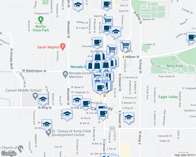 map of restaurants, bars, coffee shops, grocery stores, and more near 201 West Caroline Street in Carson City
