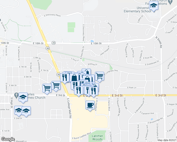 map of restaurants, bars, coffee shops, grocery stores, and more near 106 North Pete Ellis Drive in Bloomington