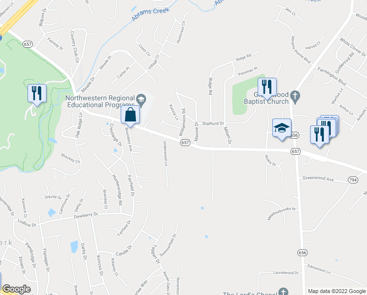 map of restaurants, bars, coffee shops, grocery stores, and more near 1622 Senseny Road in Winchester