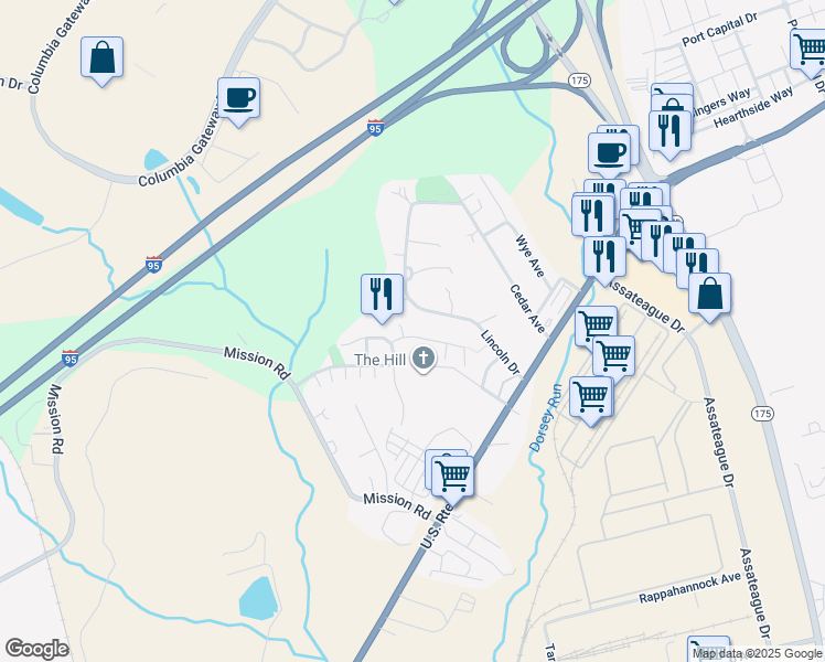 map of restaurants, bars, coffee shops, grocery stores, and more near 8423 Jacqueline Court in Jessup
