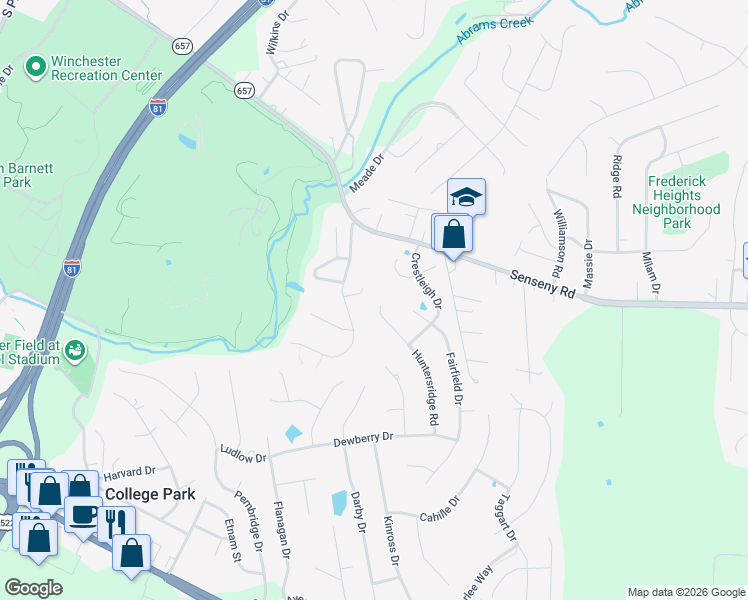 map of restaurants, bars, coffee shops, grocery stores, and more near 312 Huntersridge Road in Winchester