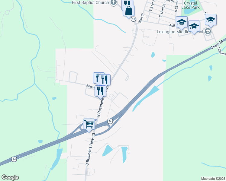 map of restaurants, bars, coffee shops, grocery stores, and more near 810 South Business Highway 13 in Lexington