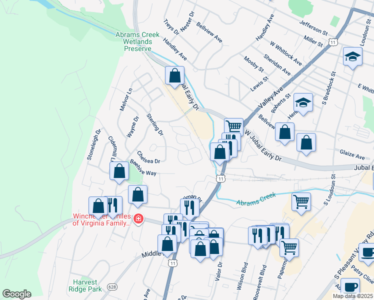 map of restaurants, bars, coffee shops, grocery stores, and more near 561 Lomax Drive in Winchester