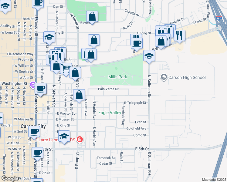 map of restaurants, bars, coffee shops, grocery stores, and more near 1219 Palo Verde Drive in Carson City