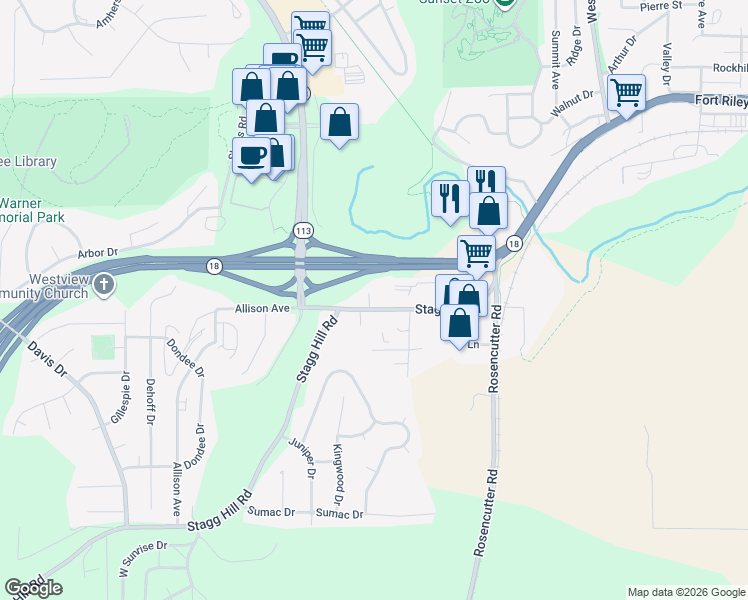 map of restaurants, bars, coffee shops, grocery stores, and more near 2512 Stagg Hill Road in Manhattan
