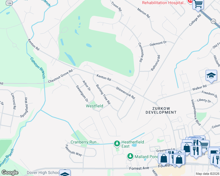 map of restaurants, bars, coffee shops, grocery stores, and more near 127 Shinnecock Road in Dover