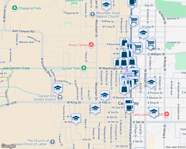 map of restaurants, bars, coffee shops, grocery stores, and more near 606 Mountain Street in Carson City