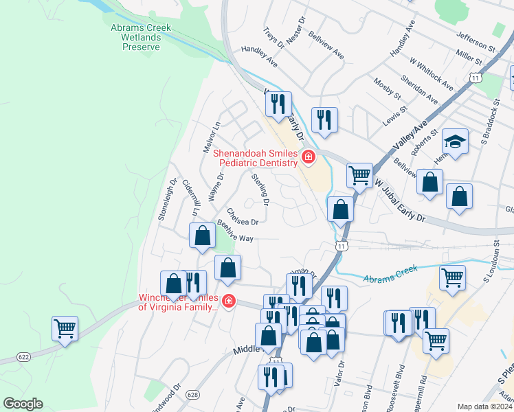 map of restaurants, bars, coffee shops, grocery stores, and more near 1961 Sully Court in Winchester