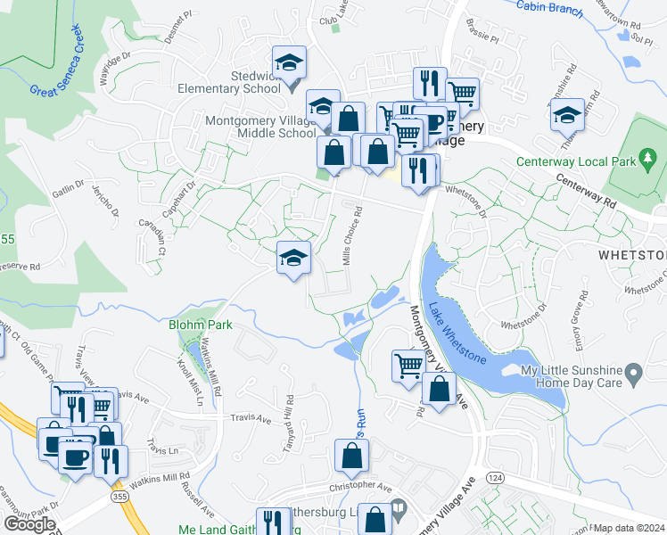 map of restaurants, bars, coffee shops, grocery stores, and more near 18913 Smoothstone Way in Montgomery Village