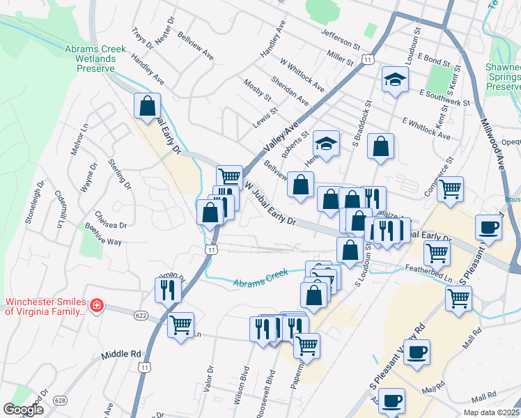 map of restaurants, bars, coffee shops, grocery stores, and more near 300 Jubilee Court in Winchester