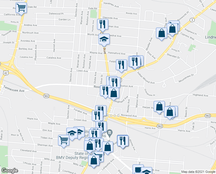 map of restaurants, bars, coffee shops, grocery stores, and more near 2130 Ross Avenue in Cincinnati
