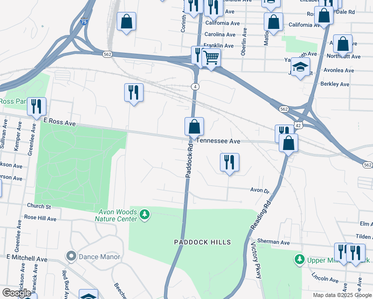 map of restaurants, bars, coffee shops, grocery stores, and more near in Cincinnati