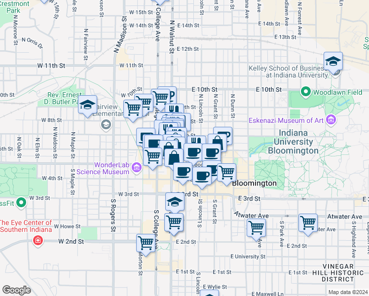 map of restaurants, bars, coffee shops, grocery stores, and more near 210 North Washington Street in Bloomington