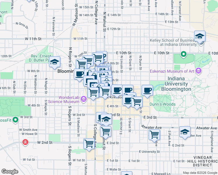 map of restaurants, bars, coffee shops, grocery stores, and more near 210 North Walnut Street in Bloomington