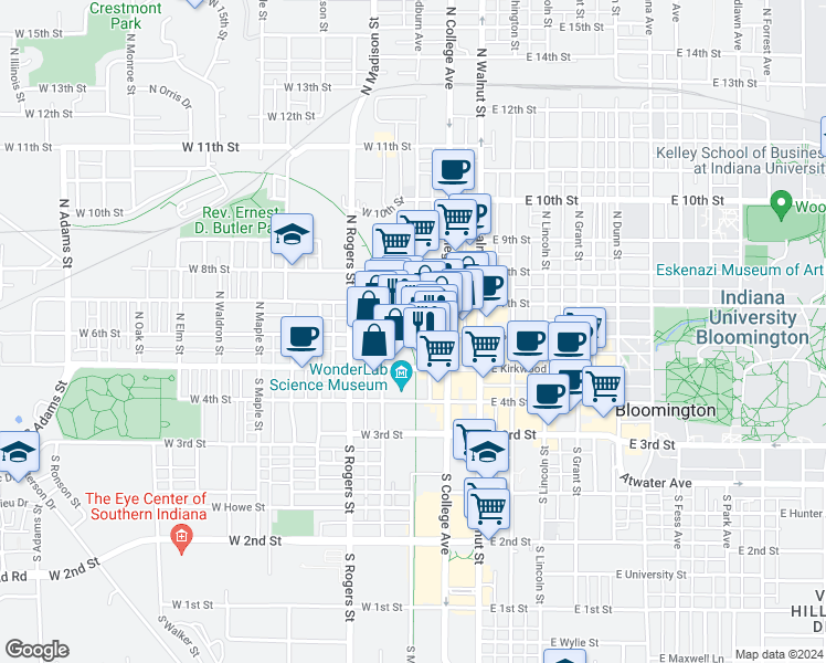 map of restaurants, bars, coffee shops, grocery stores, and more near 300 West 6th Street in Bloomington