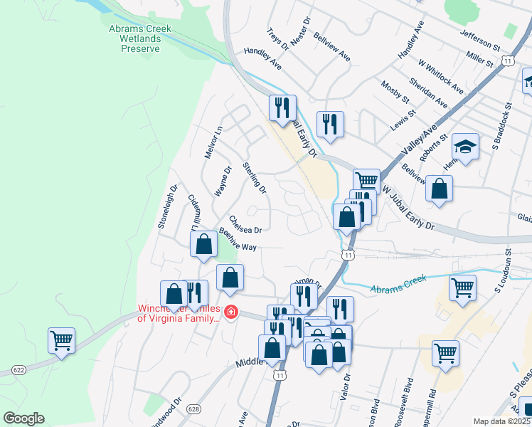 map of restaurants, bars, coffee shops, grocery stores, and more near 702 Sterling Drive in Winchester