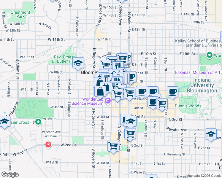 map of restaurants, bars, coffee shops, grocery stores, and more near 300 West 6th Street in Bloomington