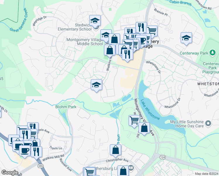 map of restaurants, bars, coffee shops, grocery stores, and more near 18913 Smoothstone Way in Montgomery Village