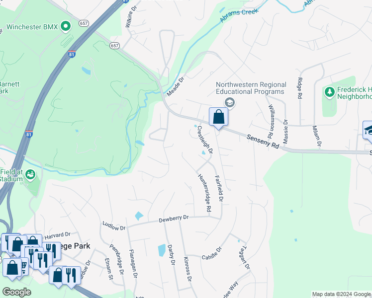 map of restaurants, bars, coffee shops, grocery stores, and more near 312 Huntersridge Road in Winchester
