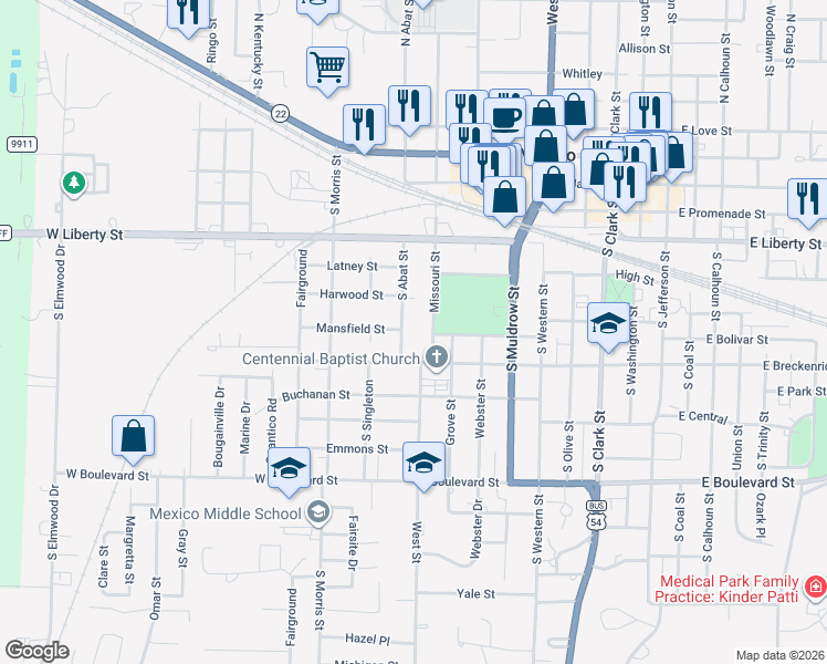 map of restaurants, bars, coffee shops, grocery stores, and more near 579-599 South Abat Street in Mexico