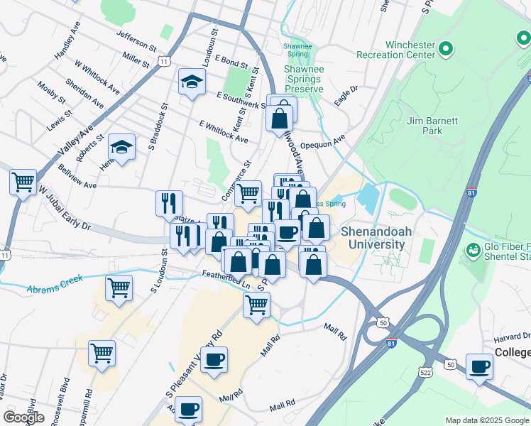 map of restaurants, bars, coffee shops, grocery stores, and more near 1523 South Pleasant Valley Road in Winchester