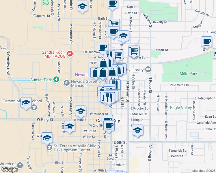 map of restaurants, bars, coffee shops, grocery stores, and more near 600 North Carson Street in Carson City