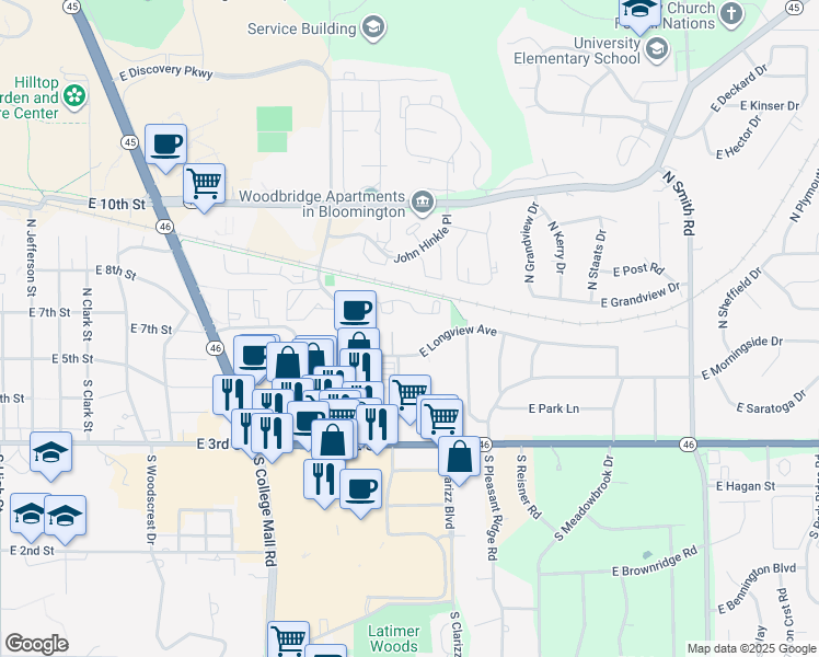 map of restaurants, bars, coffee shops, grocery stores, and more near 3172 Braeside Drive in Bloomington