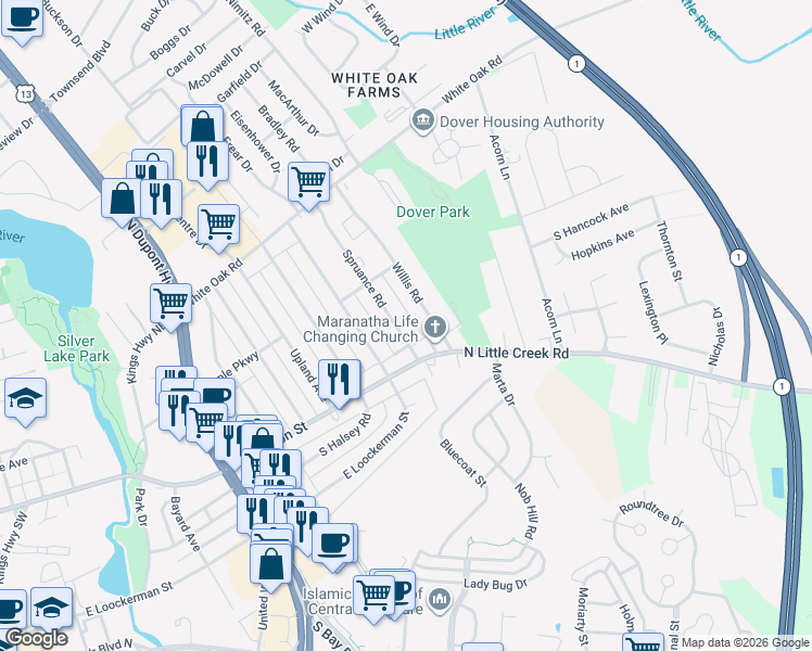 map of restaurants, bars, coffee shops, grocery stores, and more near 39 Spruance Road in Dover