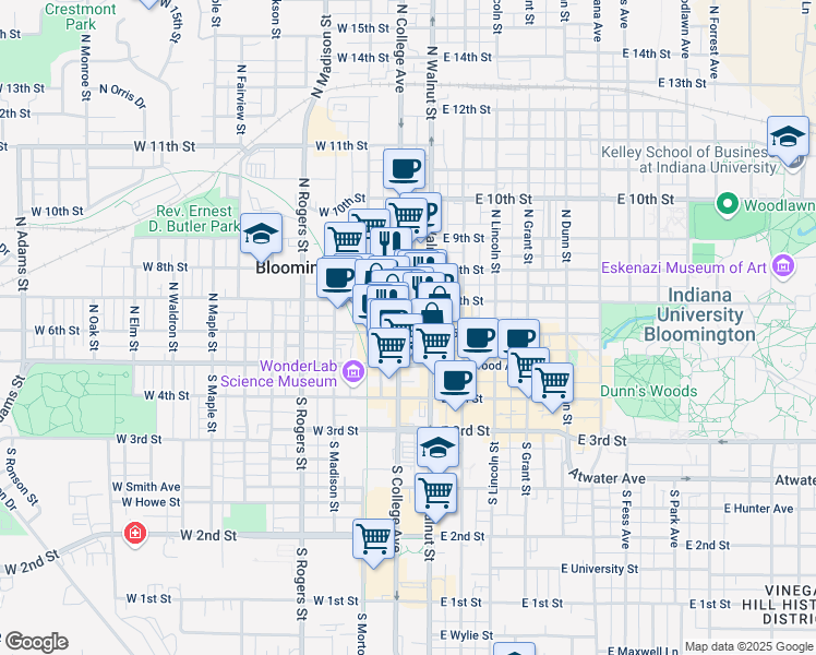 map of restaurants, bars, coffee shops, grocery stores, and more near 116 West 6th Street in Bloomington