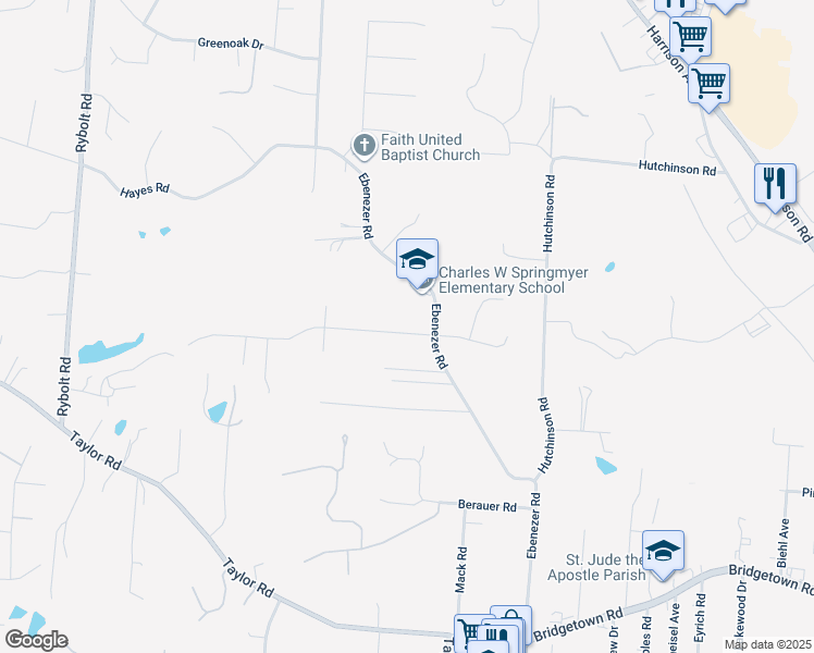 map of restaurants, bars, coffee shops, grocery stores, and more near 6306 Springmyer Drive in Cincinnati