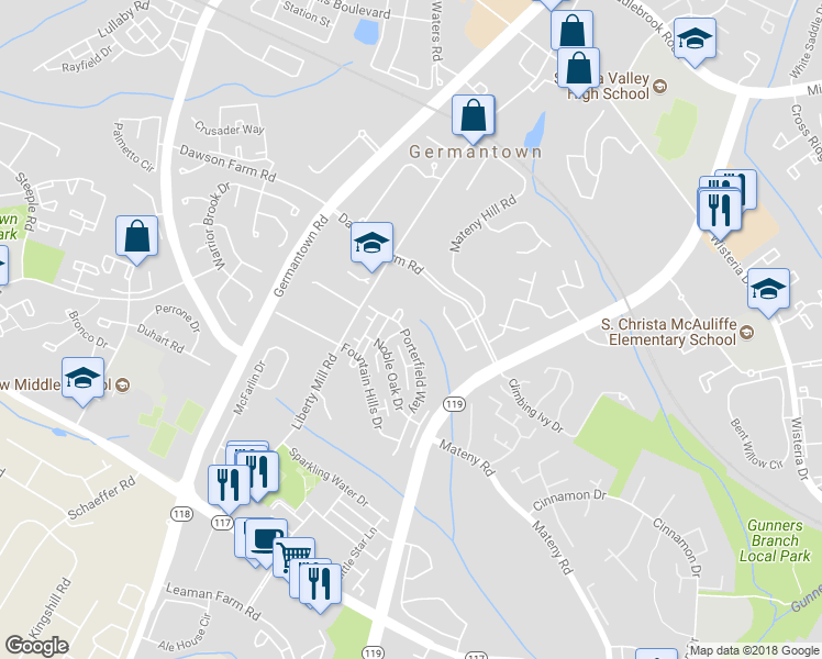 map of restaurants, bars, coffee shops, grocery stores, and more near 18913 Porterfield Way in Germantown