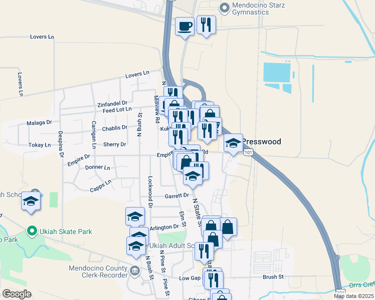 map of restaurants, bars, coffee shops, grocery stores, and more near 1310 North State Street in Ukiah