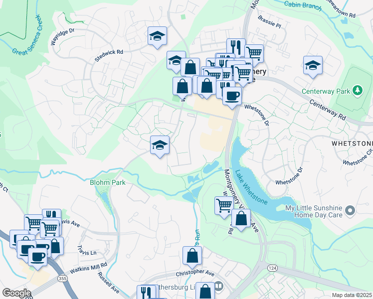 map of restaurants, bars, coffee shops, grocery stores, and more near 18917 Smoothstone Way in Montgomery Village