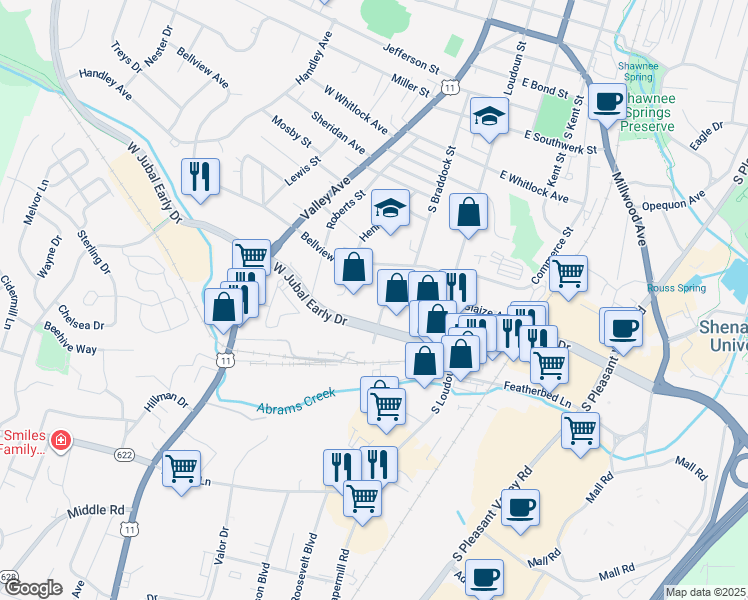 map of restaurants, bars, coffee shops, grocery stores, and more near 1845 West Plaza Drive in Winchester