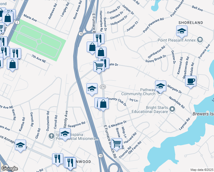map of restaurants, bars, coffee shops, grocery stores, and more near 7365 East Furnace Branch Road in Glen Burnie