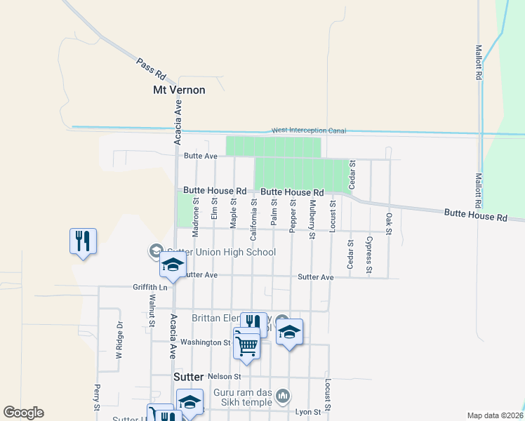 map of restaurants, bars, coffee shops, grocery stores, and more near 2770 Palm Street in Sutter