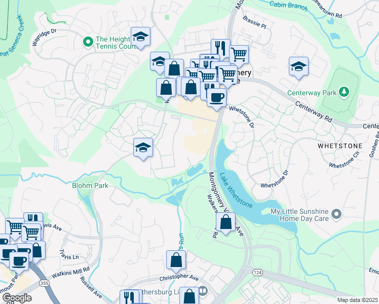 map of restaurants, bars, coffee shops, grocery stores, and more near 18934 Montgomery Village Avenue in Gaithersburg