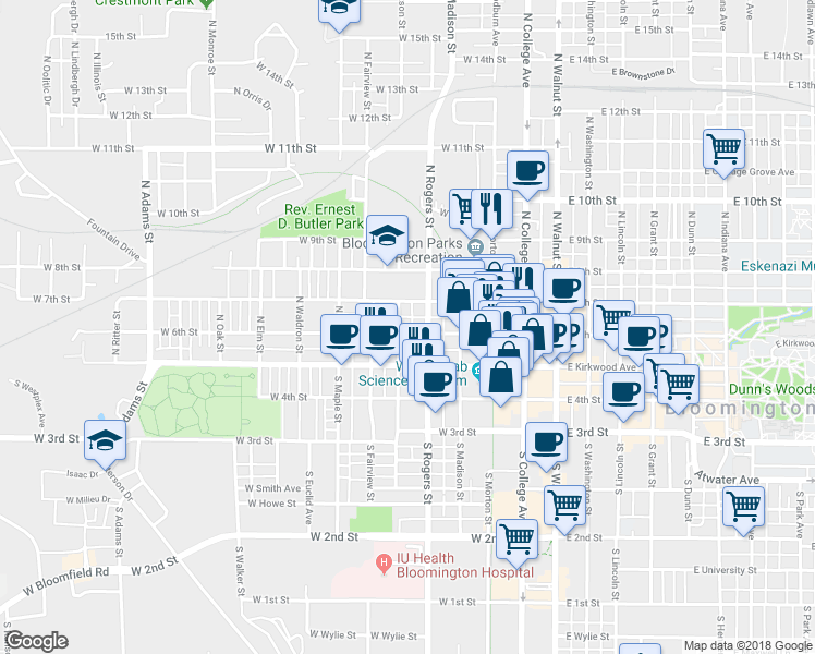 map of restaurants, bars, coffee shops, grocery stores, and more near 514 West 6th Street in Bloomington