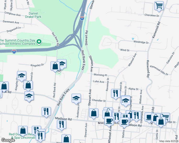 map of restaurants, bars, coffee shops, grocery stores, and more near 5529 Stewart Avenue in Cincinnati