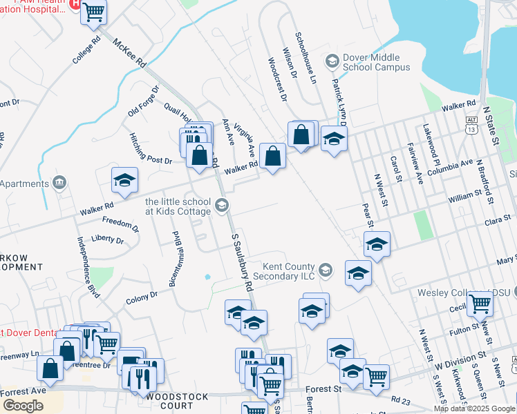 map of restaurants, bars, coffee shops, grocery stores, and more near 956 Whatcoat Drive in Dover
