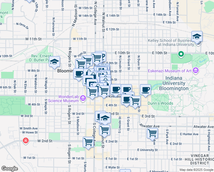 map of restaurants, bars, coffee shops, grocery stores, and more near 210 North Walnut Street in Bloomington
