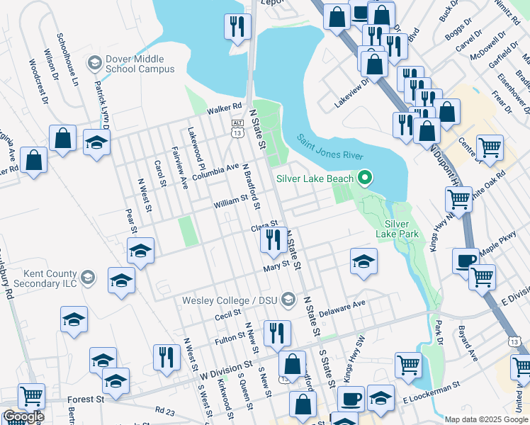 map of restaurants, bars, coffee shops, grocery stores, and more near 423 North Bradford Street in Dover