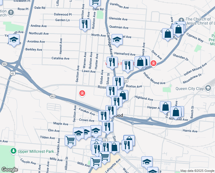 map of restaurants, bars, coffee shops, grocery stores, and more near 2130 Ross Avenue in Cincinnati