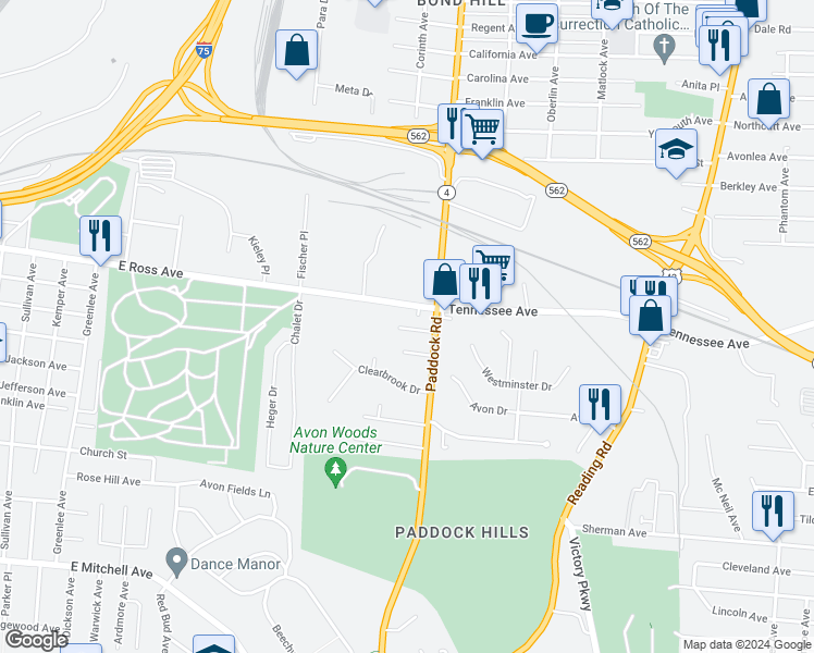 map of restaurants, bars, coffee shops, grocery stores, and more near 4591 Paddock Road in Cincinnati