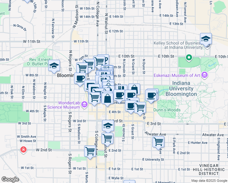 map of restaurants, bars, coffee shops, grocery stores, and more near 210 North Washington Street in Bloomington