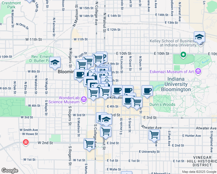 map of restaurants, bars, coffee shops, grocery stores, and more near 210 North Walnut Street in Bloomington